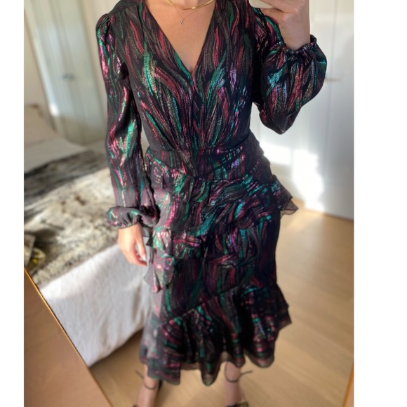 SALONI METALLIC SILK BLEND ALYA OIL SPILL MIDI DRESS US SIZE 2  XS - Picture 2 of 6